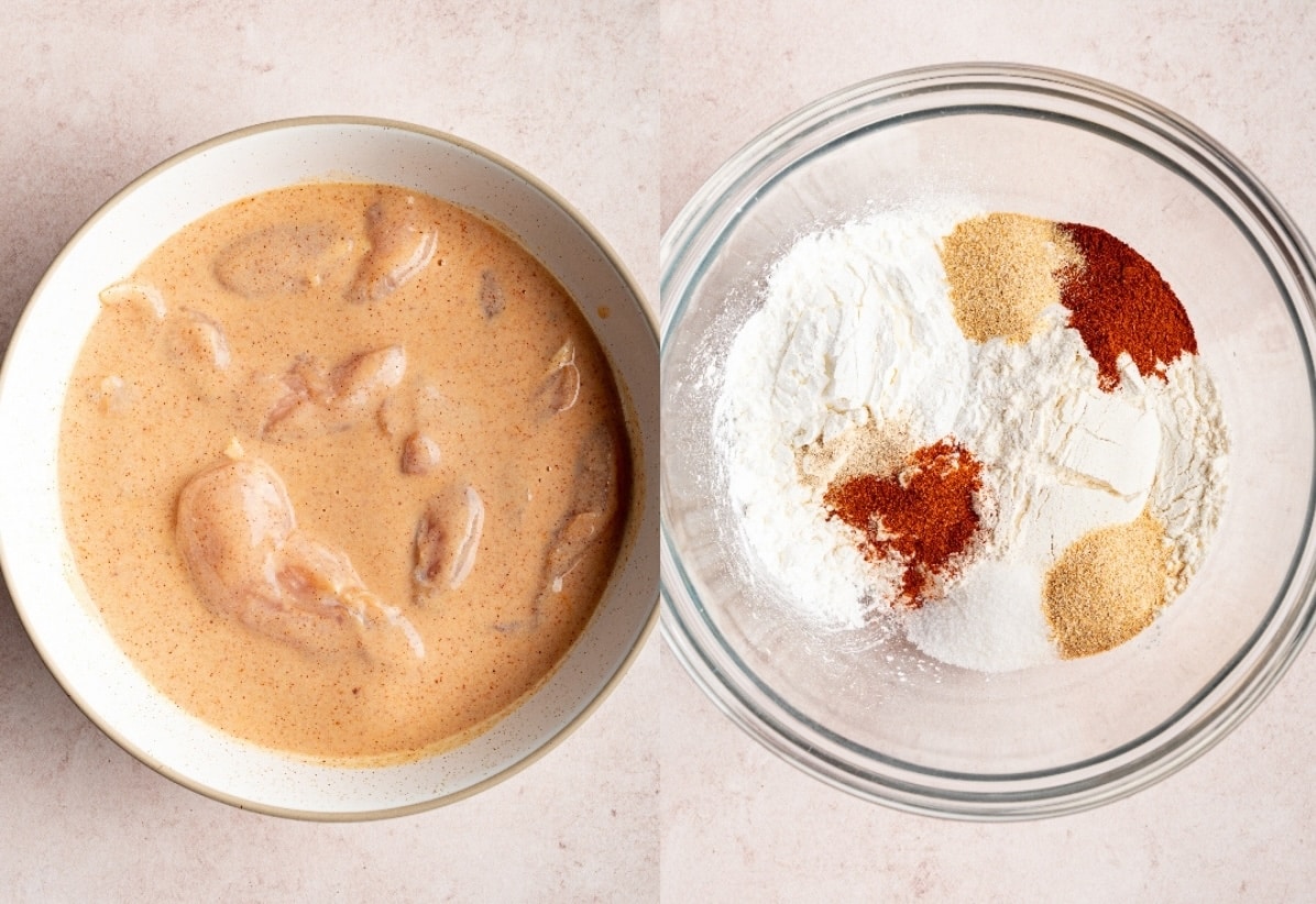 chicken tenders mixed with buttermilk in one bowl, powder and seasonings in a clear bowl
