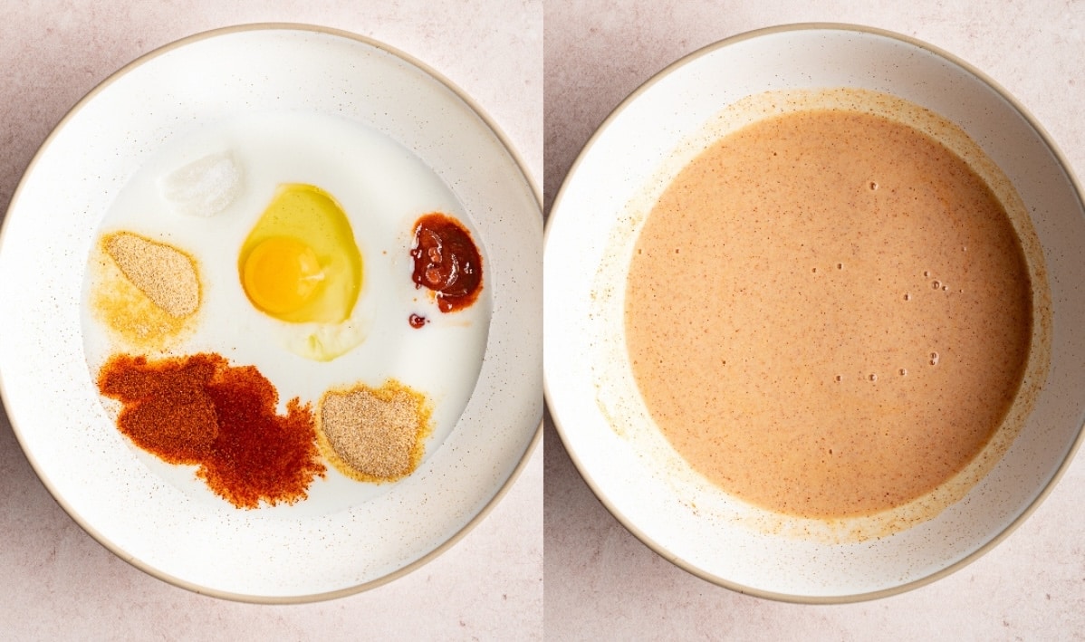 Egg, butteermilk, hot sauce and seasoning seen in a bowl
