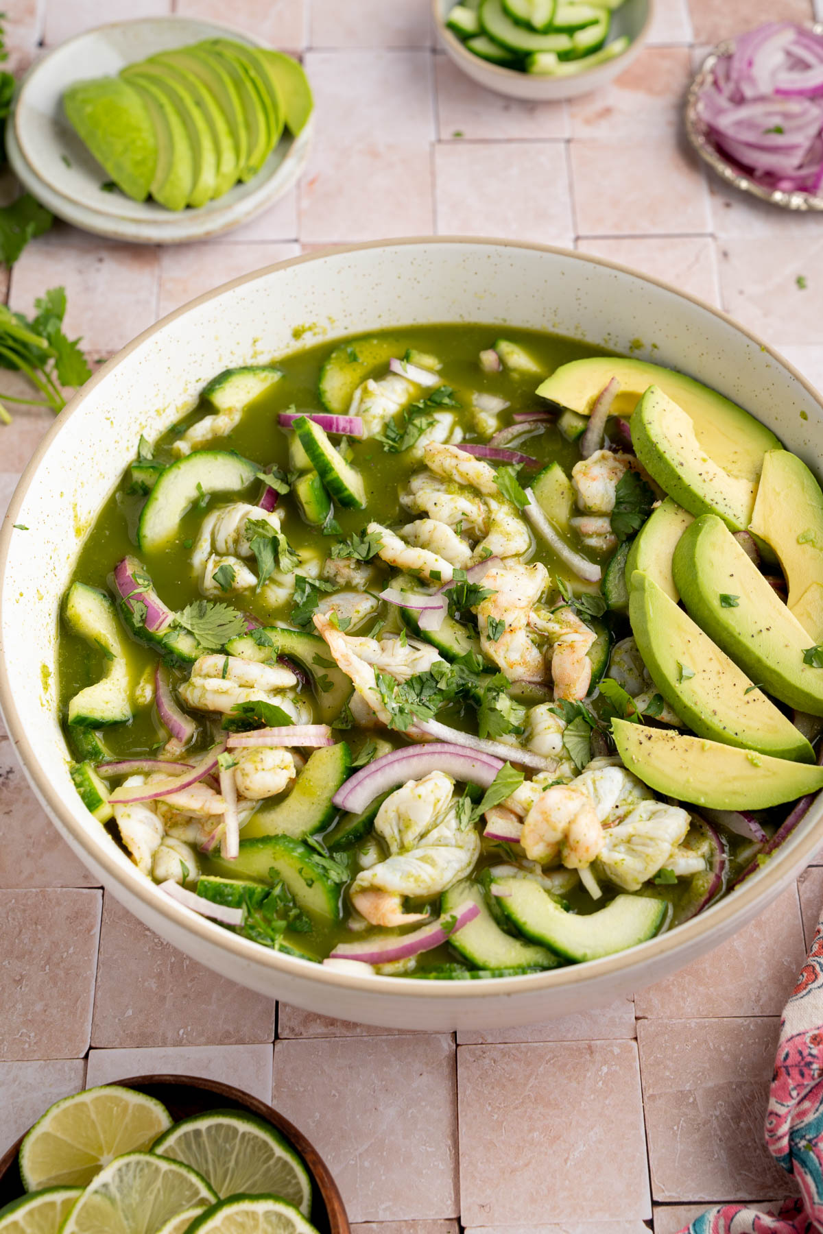 The finished aguachile wit the sliced avocado and extra cilantro garnished on top.