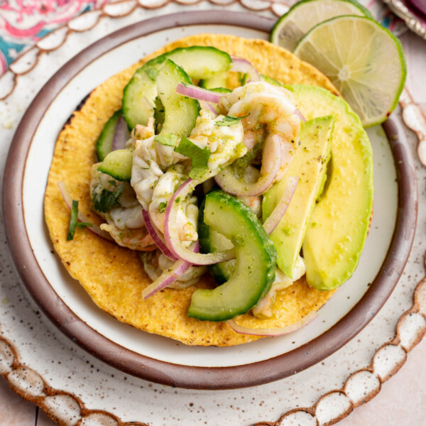 Aguachile on top of tostadas for serving.