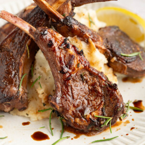 Three baked lamb chops on a plate with mashed potatoes.