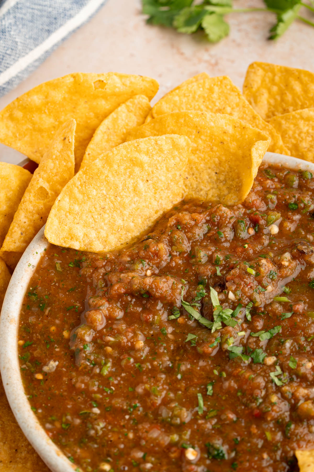 Two chips scoop chunky salsa from a bowl.