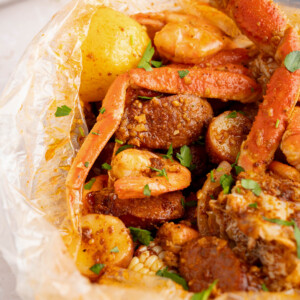 Cajun seafood boil in a bag on a countertop.
