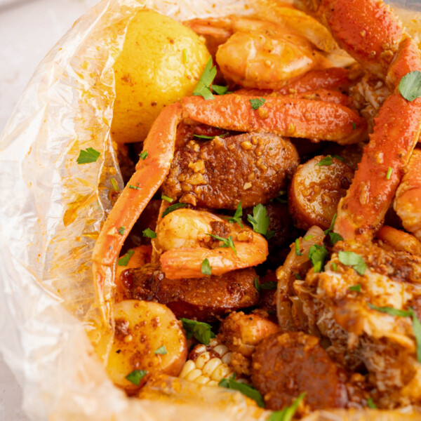 Cajun seafood boil in a bag on a countertop.
