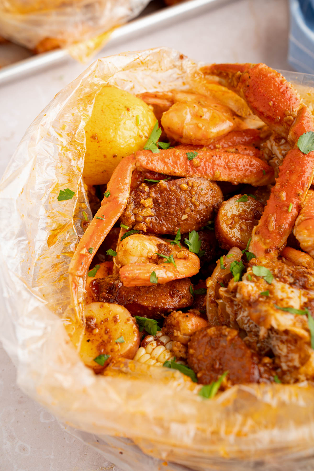 Cajun seafood boil in a bag on a countertop.