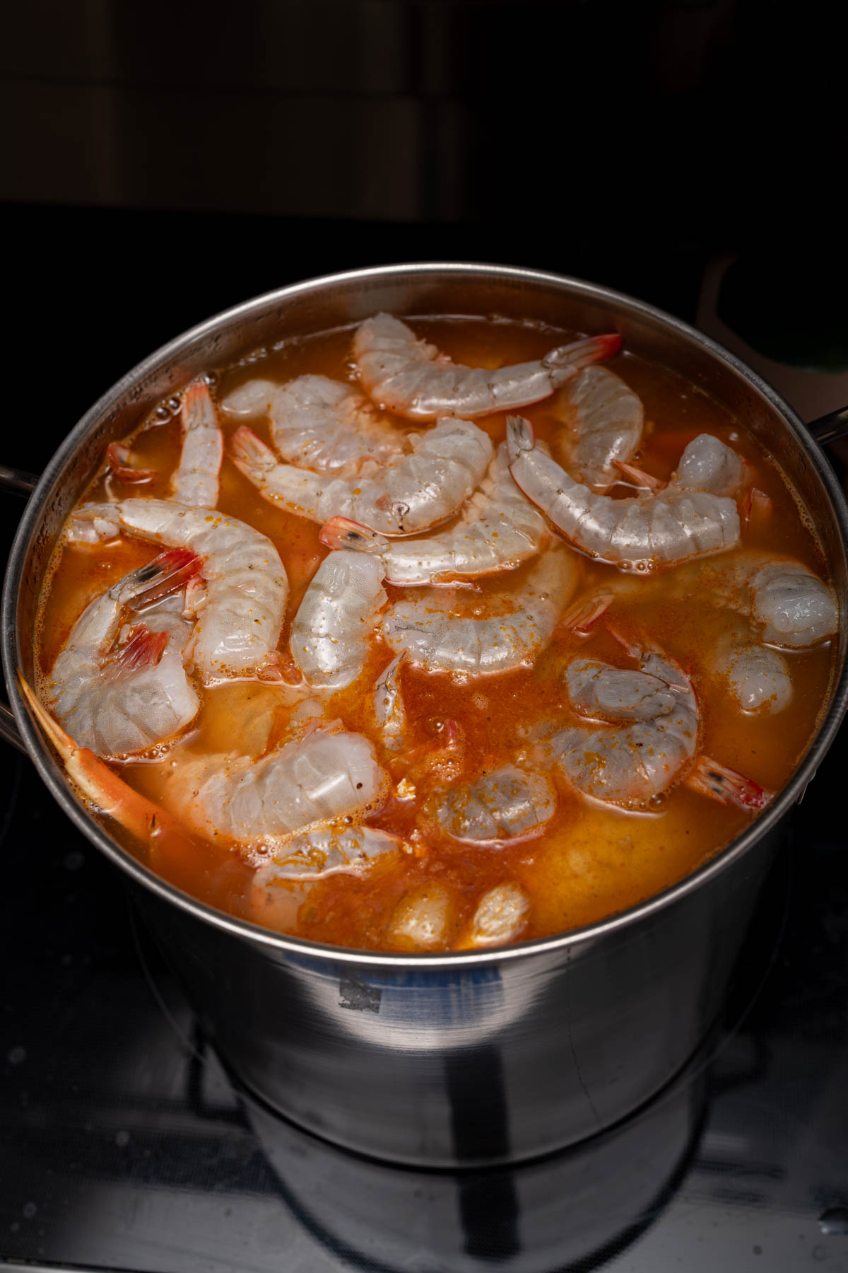 The shrimp in the stock pot with everything else for the boil.