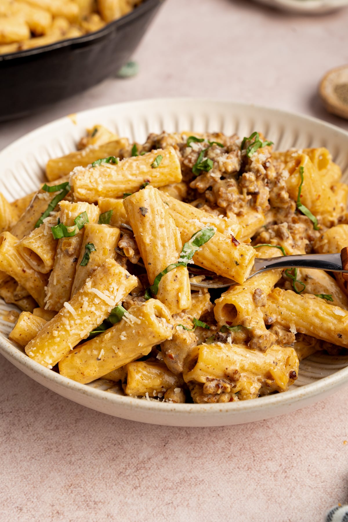 Sausage rigatoni in a bowl for serving.