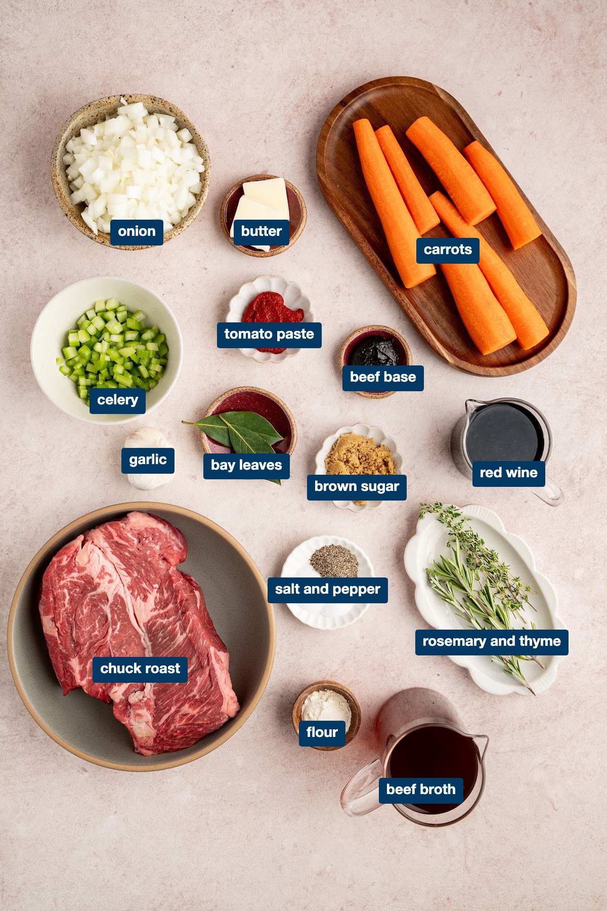 Labeled ingredients for red wine braised pot roast: chuck roast, carrots, onion, celery, garlic, tomato paste, beef base, red wine, beef broth, rosemary and thyme