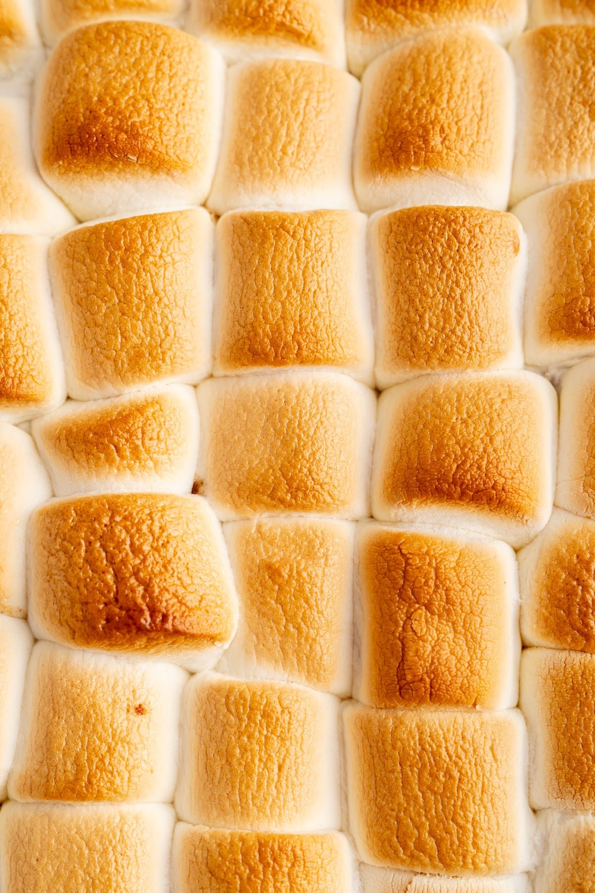 Close-up of puffed golden toasted marshmallows covering the candied yams